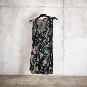 New York & Company Black and Blue Feather Print Midi Dress